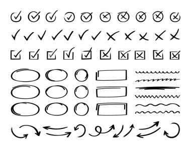 Farklı daire okları ve altçizgileri olan süper ayarlanmış el işaretleri. Doodle v kontrol listesi simge simgesi seti. Vektör illüstrasyonu.