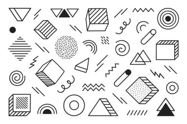 Farklı elle çizilmiş soyut şekilli geometrik arkaplan. Evrensel eğilim yarım ton geometrik şekiller. Modern vektör illüstrasyonu.