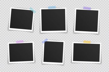 Vektör Fotoğraf çerçeve mockup tasarım. Şeffaf arka planda yalıtılmış yapışkan bant üzerinde süper ayarlı fotoğraf çerçevesi. Vektör çizimi.