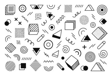 Farklı elle çizilmiş soyut şekilli geometrik arkaplan. Evrensel eğilim yarım ton geometrik şekiller. Modern vektör illüstrasyonu.