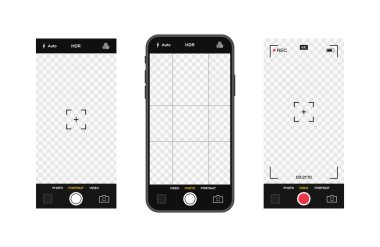 Kamera arayüzlü cep telefonu. Mobil uygulama uygulaması. Fotoğraf ve video ekranı. Vektör illüstrasyon grafik tasarımı.