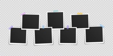 Vektör Fotoğraf çerçeve mockup tasarım. Şeffaf arka planda yalıtılmış yapışkan bant üzerinde süper ayarlı fotoğraf çerçevesi. Vektör çizimi.