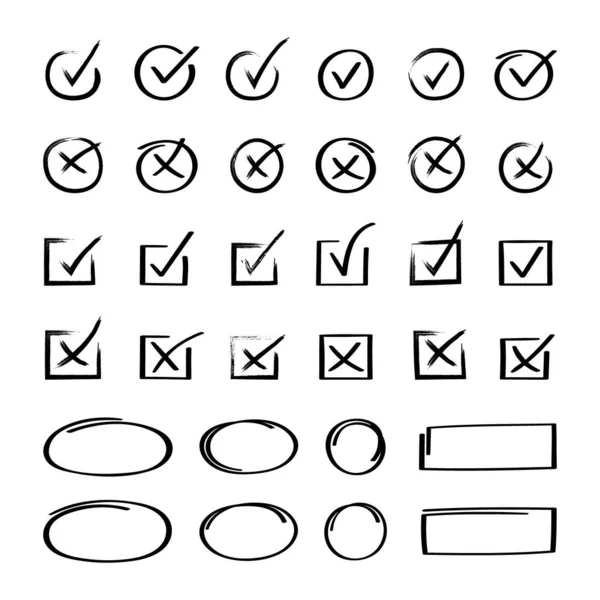 Super Set Hand Drawn Check Mark Different Circle Arrows Underlines — Stock Vector
