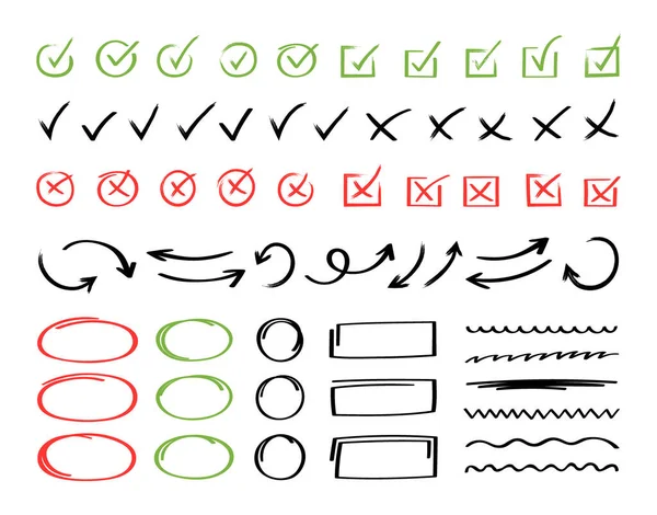 Super Set Hand Drawn Check Mark Different Circle Arrows Underlines — Stock Vector