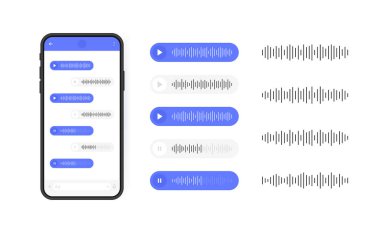 Sesli mesaj ikonlu cep telefonu. Sosyal medya için ses dalgalı mesaj balonu. Modern düz biçim vektör illüstrasyonu.