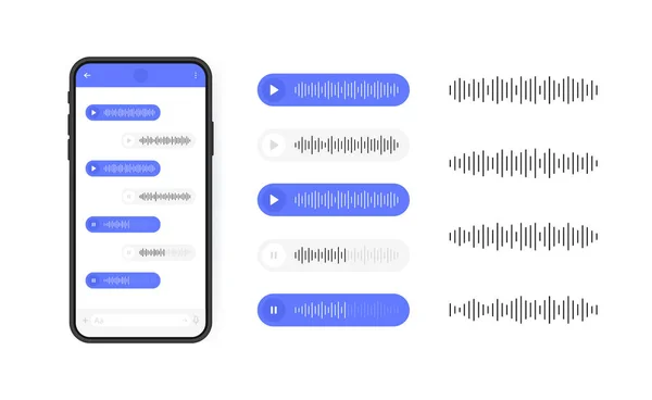 Sesli mesaj ikonlu cep telefonu. Sosyal medya için ses dalgalı mesaj balonu. Modern düz biçim vektör illüstrasyonu.