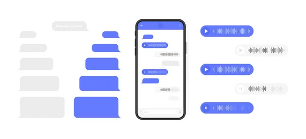 Sosyal medya tasarım konsepti. Haberci sohbet ekranı ve ses dalgası olan akıllı telefon. Diyaloglar oluşturmak için Sms şablon baloncukları. Modern vektör çizimi düz biçimi.