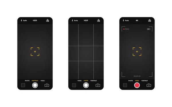 Telefon kamerası arayüzü. Mobil uygulama uygulaması. Fotoğraf ve video çekimi. Vektör illüstrasyon grafik tasarımı.