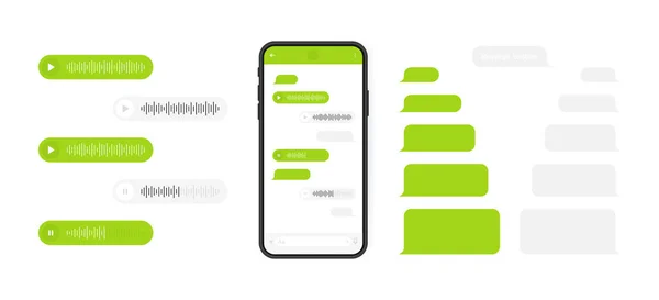 Sosyal medya tasarım konsepti. Haberci sohbet ekranı ve ses dalgası olan akıllı telefon. Diyaloglar oluşturmak için Sms şablon baloncukları. Modern vektör çizimi düz biçimi.