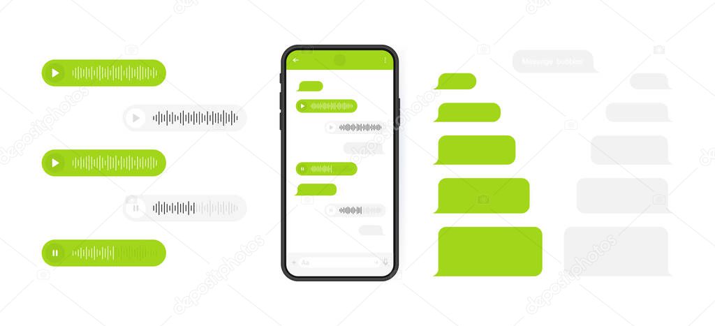 Social media design concept. Smart Phone with messenger chat screen and voice wave. Sms template bubbles for compose dialogues. Modern vector illustration flat style.
