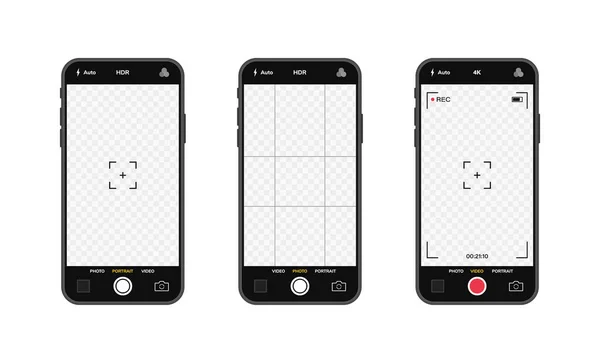 Kamera arayüzü olan cep telefonları. Mobil uygulama uygulaması. Fotoğraf ve video ekranı. Vektör illüstrasyon grafik tasarımı.