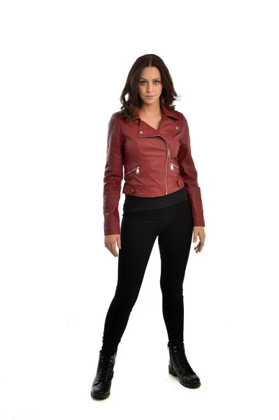 Full Length Portrait Brunette Girl Wearing Red Leather Jacket Black — Stock Photo, Image