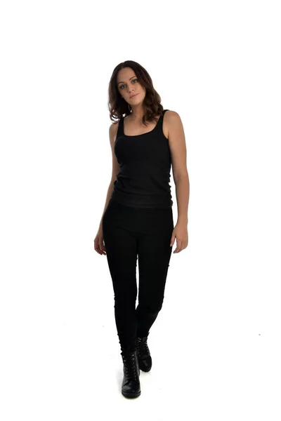 Full Length Portrait Brunette Girl Wearing Black Singlet Jeans Jeans — Stock Photo, Image