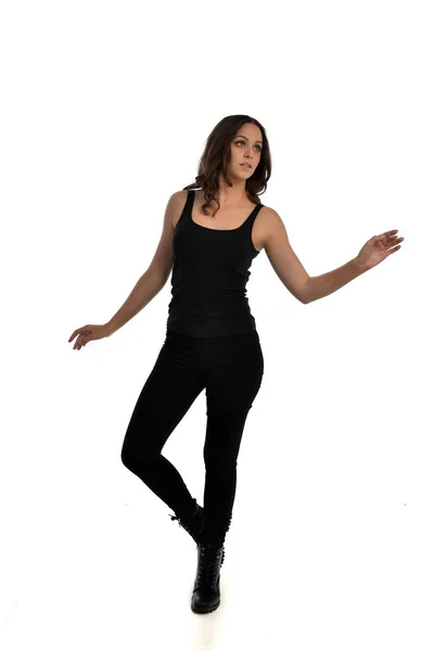 Full Length Portrait Brunette Girl Wearing Black Singlet Jeans Jeans Royalty Free Stock Photos
