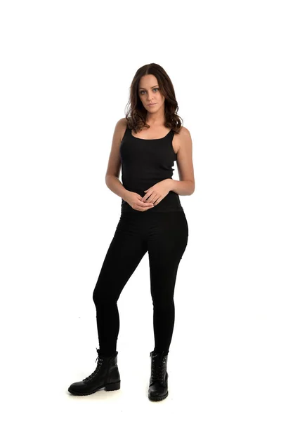 Full Length Portrait Brunette Girl Wearing Black Singlet Jeans Jeans — Stock Photo, Image