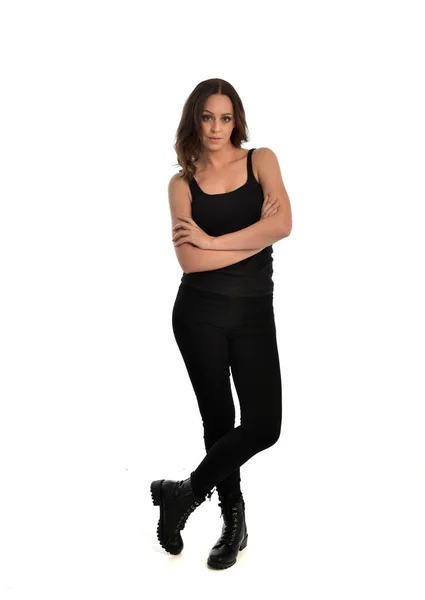 Portrait Complet Fille Brune Portant Singlet Noir Jeans Bottes Pose — Photo