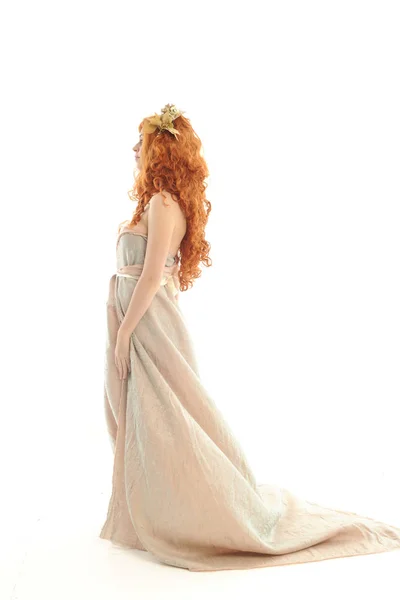 Full Length Portrait Pretty Red Haired Lady Wearing Fantasy Toga — Stock Photo, Image