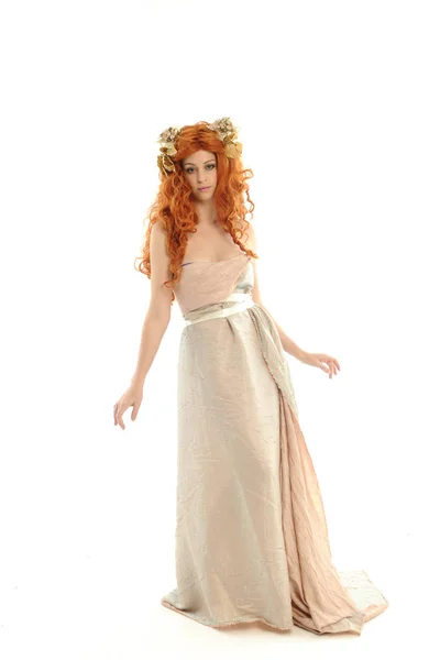 Full Length Portrait Pretty Red Haired Lady Wearing Fantasy Toga — Stock Photo, Image