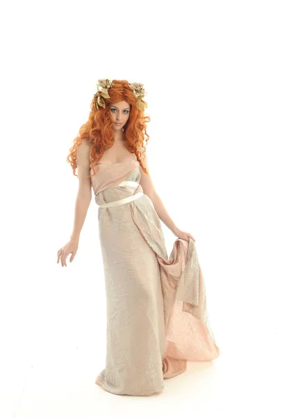 Full Length Portrait Pretty Red Haired Lady Wearing Fantasy Toga — Stock Photo, Image