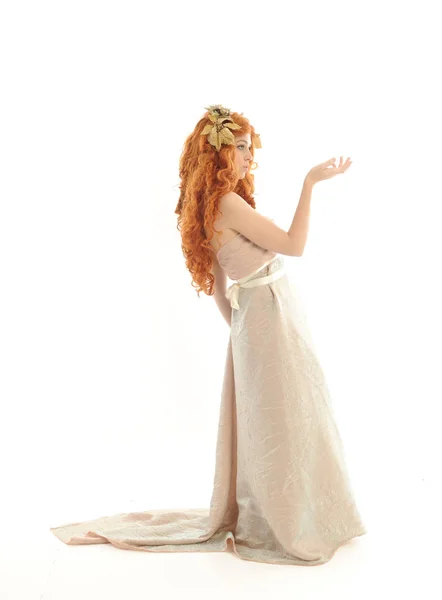 Full Length Portrait Pretty Red Haired Lady Wearing Fantasy Toga — Stock Photo, Image