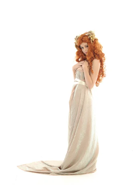 Full Length Portrait Pretty Red Haired Lady Wearing Fantasy Toga — Stock Photo, Image