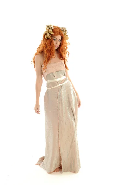 Full Length Portrait Pretty Red Haired Lady Wearing Fantasy Toga — Stock Photo, Image