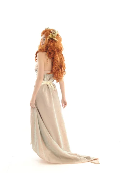 Full Length Portrait Pretty Red Haired Lady Wearing Fantasy Toga — Stock Photo, Image