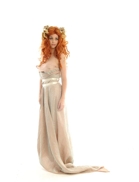 Full Length Portrait Pretty Red Haired Lady Wearing Fantasy Toga — Stock Photo, Image