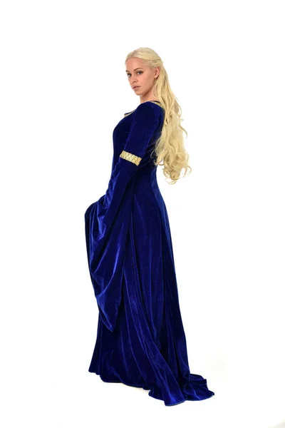 Full Length Portrait Pretty Blonde Lady Wearing Blue Fantasy Medieval — Stock Photo, Image