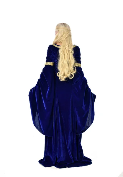 Full Length Portrait Pretty Blonde Lady Wearing Blue Fantasy Medieval — Stock Photo, Image