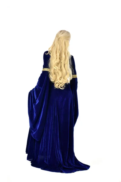 Full Length Portrait Pretty Blonde Lady Wearing Blue Fantasy Medieval — Stock Photo, Image