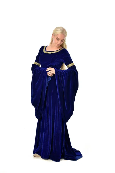 Full Length Portrait Pretty Blonde Lady Wearing Blue Fantasy Medieval — Stock Photo, Image