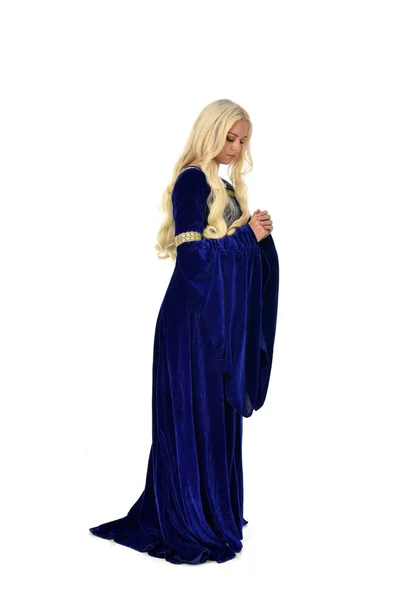 Full Length Portrait Pretty Blonde Lady Wearing Blue Fantasy Medieval — Stock Photo, Image