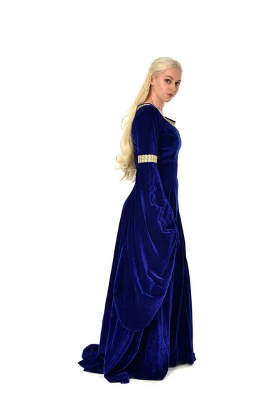 Full Length Portrait Pretty Blonde Lady Wearing Blue Fantasy Medieval — Stock Photo, Image