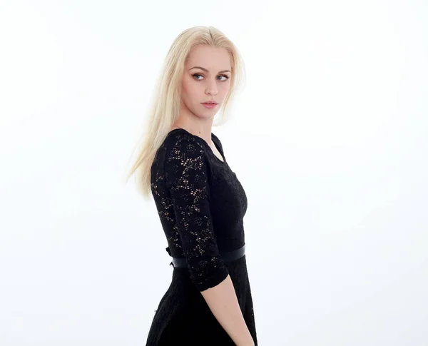 Portret Van Blond Meisje Dragen Zwarte Kant Jurk Laarzen Geïsoleerd — Stockfoto