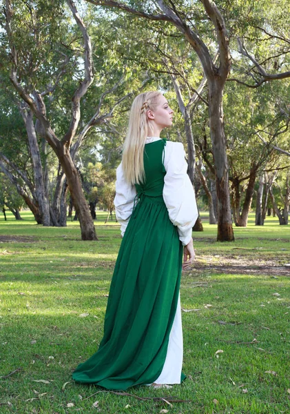 Retrato Comprimento Total Mulher Loira Vestindo Vestido Medieval Verde Vagando — Fotografia de Stock