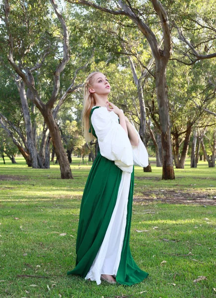 Pełna Długość Portret Kobieta Blonde Noszenie Zielona Suknia Średniowieczna Wędrując — Zdjęcie stockowe