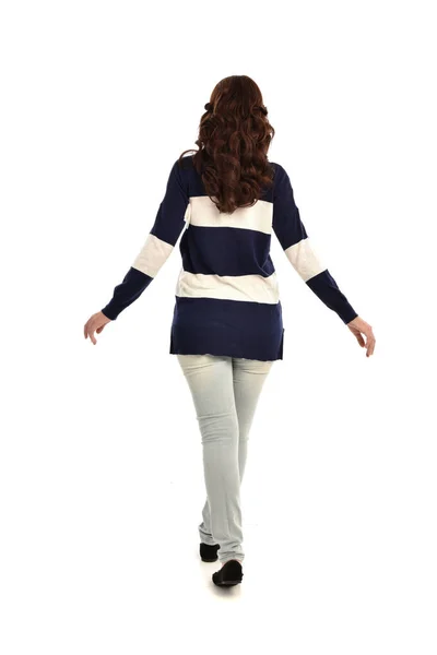 Full Length Portrait Girl Wearing Jeans Casual Jumper Standing Pose — Stock Photo, Image