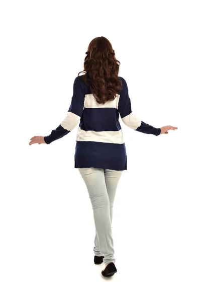 Full Length Portrait Girl Wearing Jeans Casual Jumper Standing Pose — Stock Photo, Image