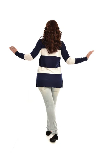 Full Length Portrait Girl Wearing Jeans Casual Jumper Standing Pose — Stock Photo, Image