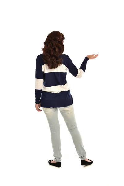 Full Length Portrait Girl Wearing Jeans Casual Jumper Standing Pose — Stock Photo, Image