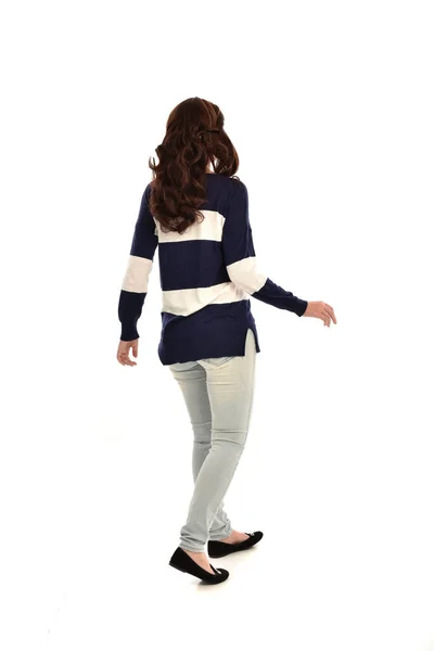 Full Length Portrait Girl Wearing Jeans Casual Jumper Standing Pose — Stock Photo, Image