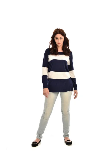 Full Length Portrait Girl Wearing Striped Blue White Jumper Jeans — Stock Photo, Image