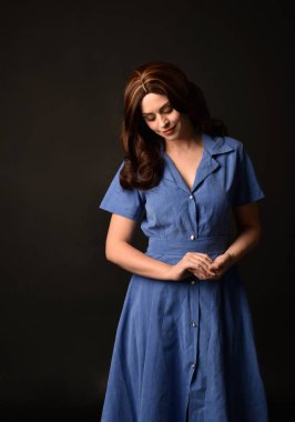 3/4 mavi elbise esmer kadın portresi. siyah stüdyo arka plan üzerinde poz verdi.