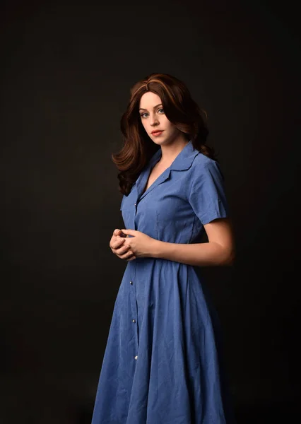 Portrait Brunette Lady Wearing Blue Dress Posed Black Studio Background — Stock Photo, Image
