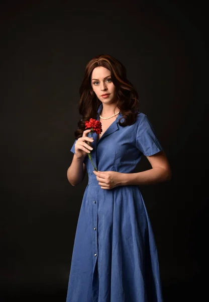 Portrait Brunette Lady Wearing Blue Dress Holding Flower Posed Black — Stock Photo, Image