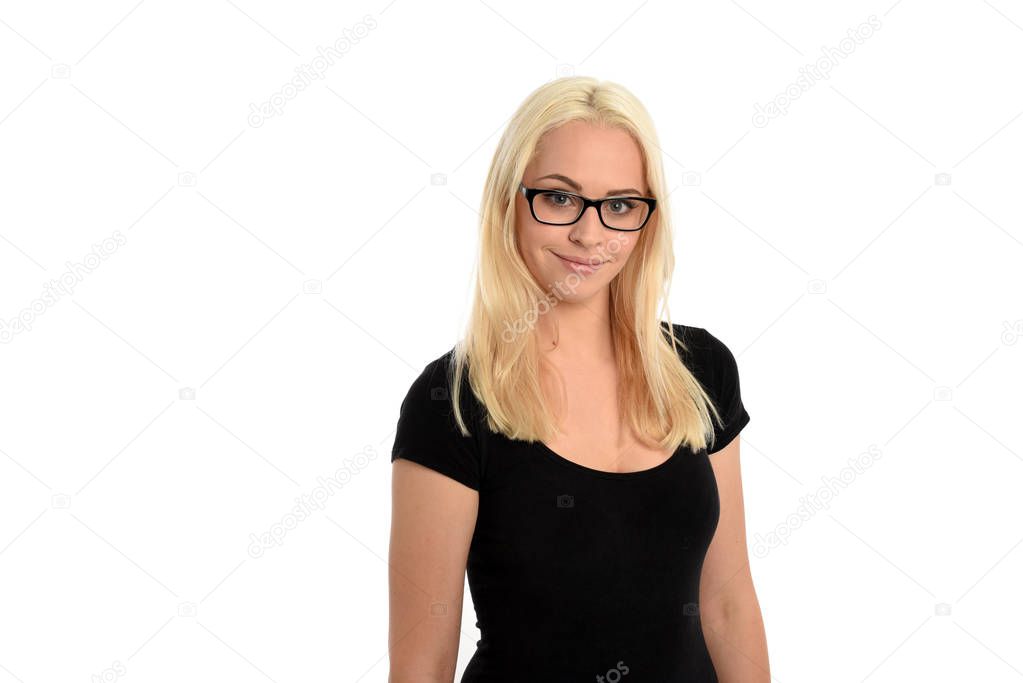 head and shoulders portrait of blonde girl wearing glasses and black shirt. isolated on white studio background.