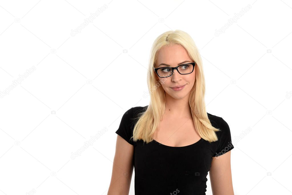 head and shoulders portrait of blonde girl wearing glasses and black shirt. isolated on white studio background.