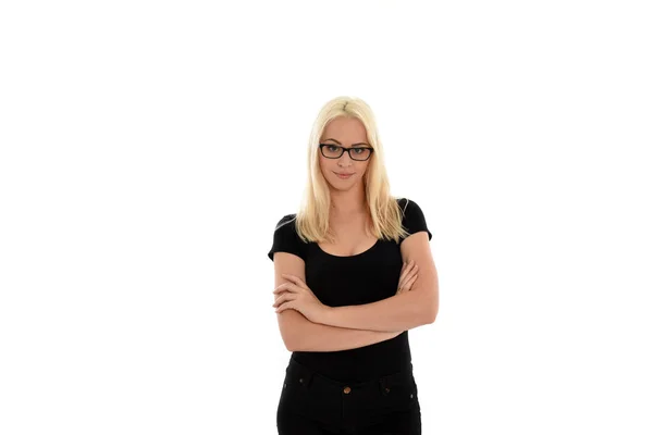 Retrato Una Chica Rubia Con Camisa Negra Aislada Sobre Fondo —  Fotos de Stock