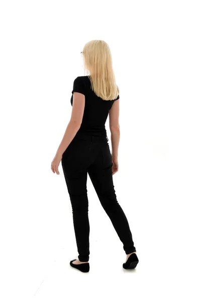 Full Length Portrait Girl Wearing Black Clothing Standing Pose White — Stock Photo, Image